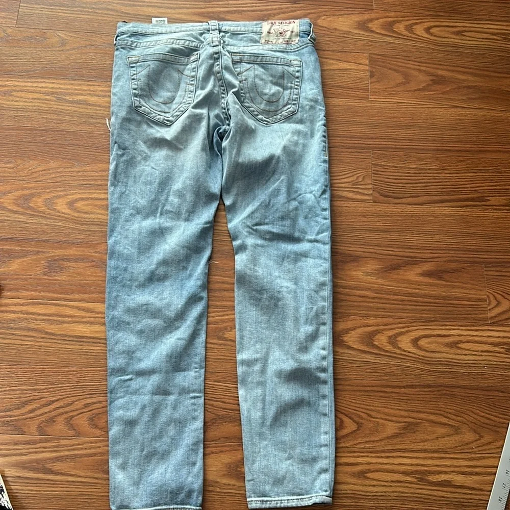 NWOT True Religion Men's 34 Matt Ultra Skinny Moto Distressed‎ Light Wash Jeans